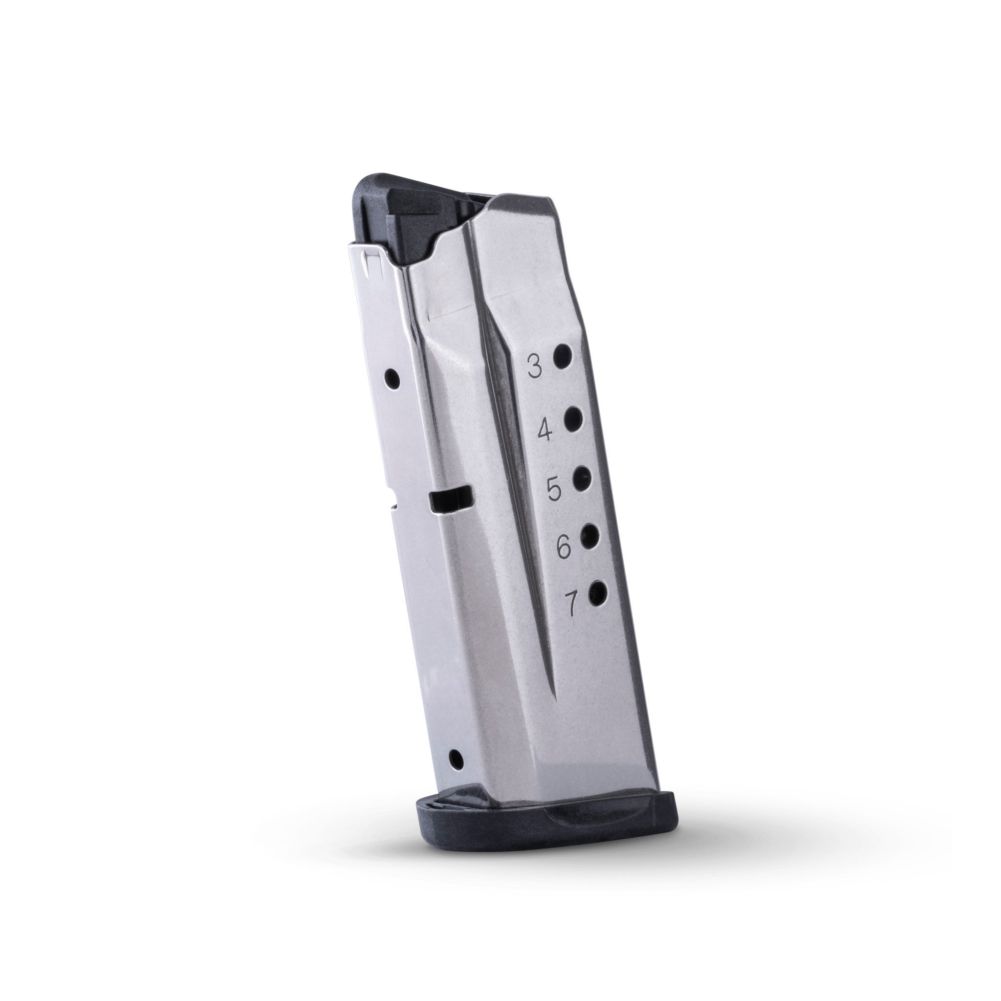 Check-Mate Mags magazine for S&W Shield 9mm pistol with black polymer base plate and metal body, shown in close-up.