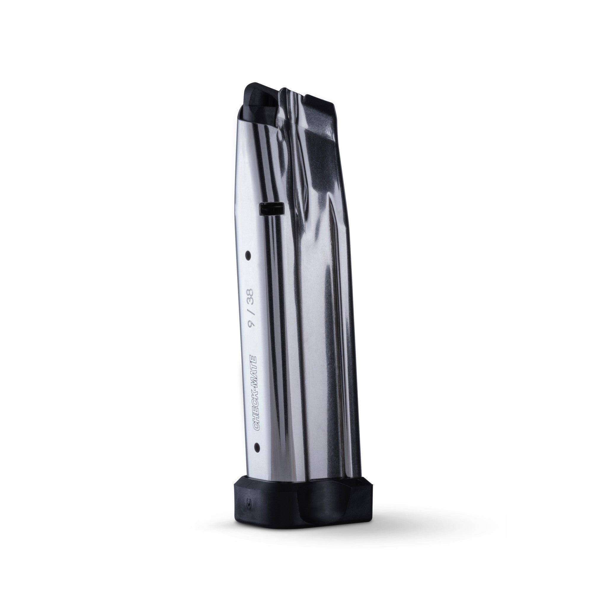 Check-Mate Mags 10-round 9mm double stack magazine for 1911 pistols, showcasing the black metal body and magazine feed lips.