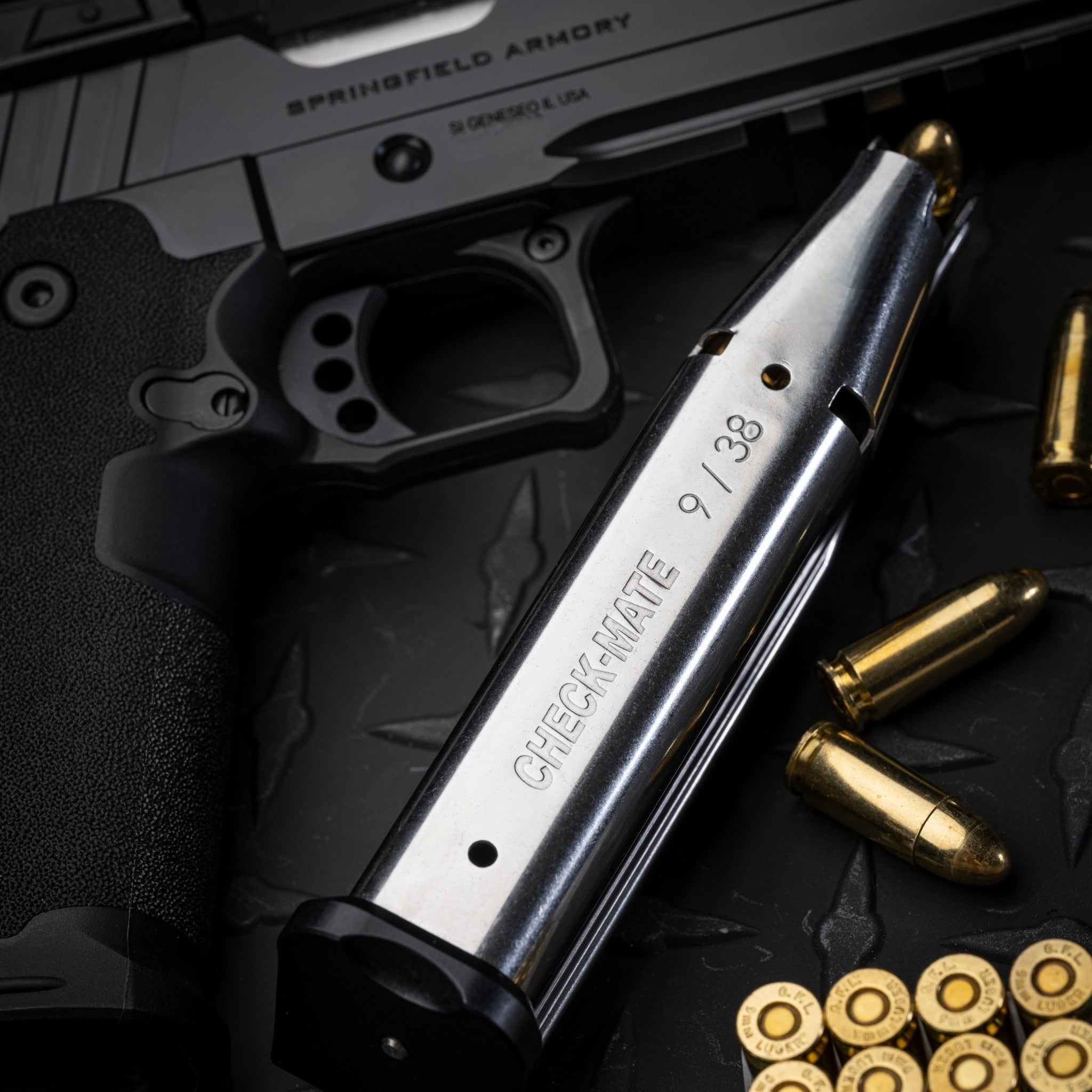 Check-Mate Mags 1911 double stack 9mm magazine with 10-round capacity and 126mm length, designed for reliable firearm feeding.