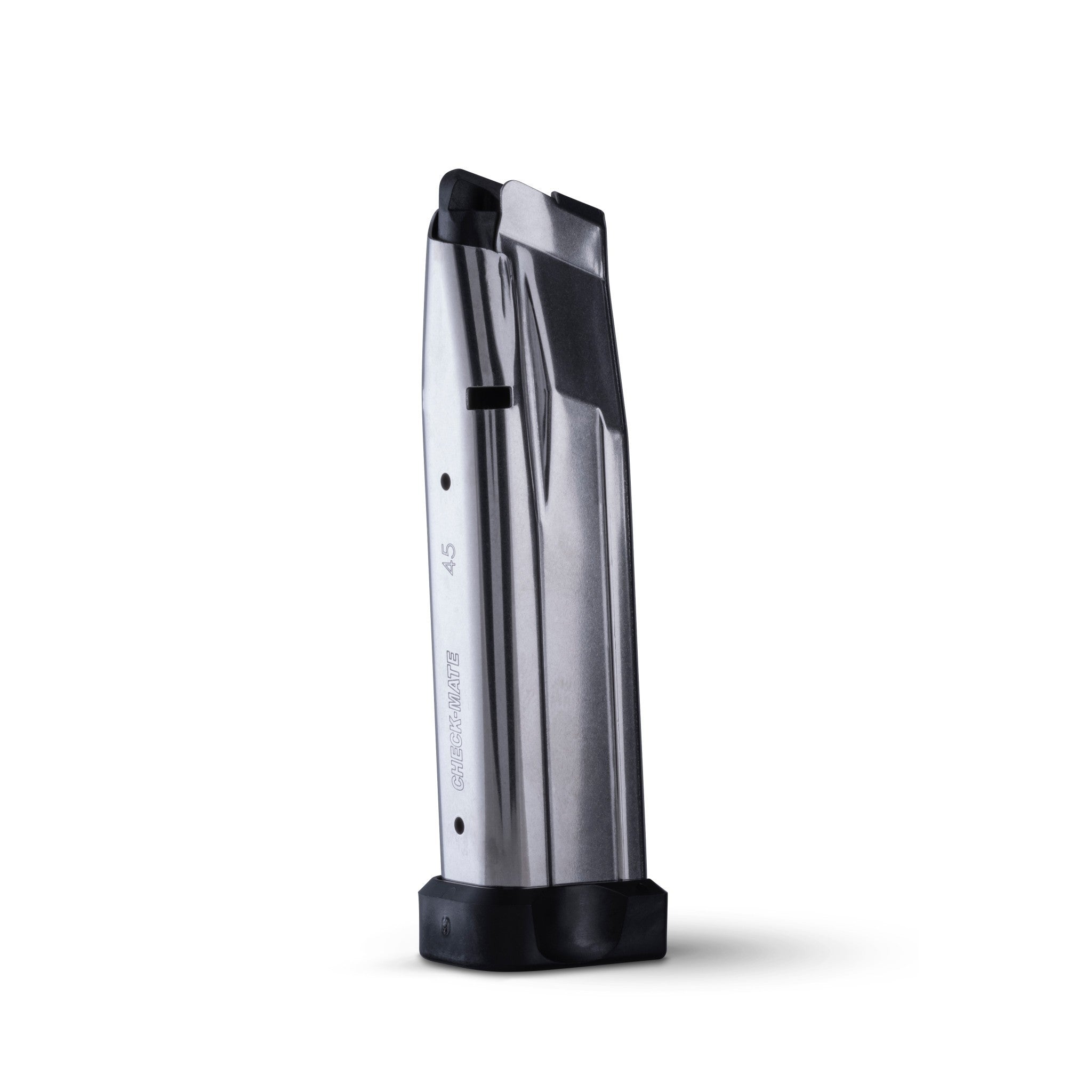 Check-Mate Mag 1911 double stack magazine for .45ACP, showing the black metal body and feed lips for reliable firearm feeding.