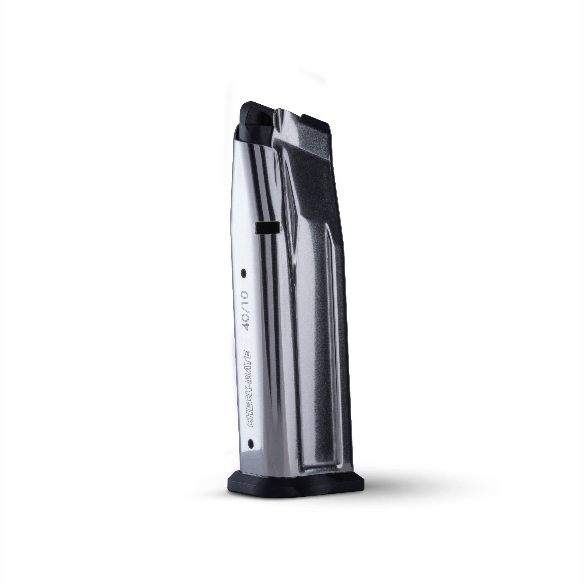 Check-Mate Mags 15-round 10mm 1911 double-stack magazine, metal construction, loaded with ammunition.