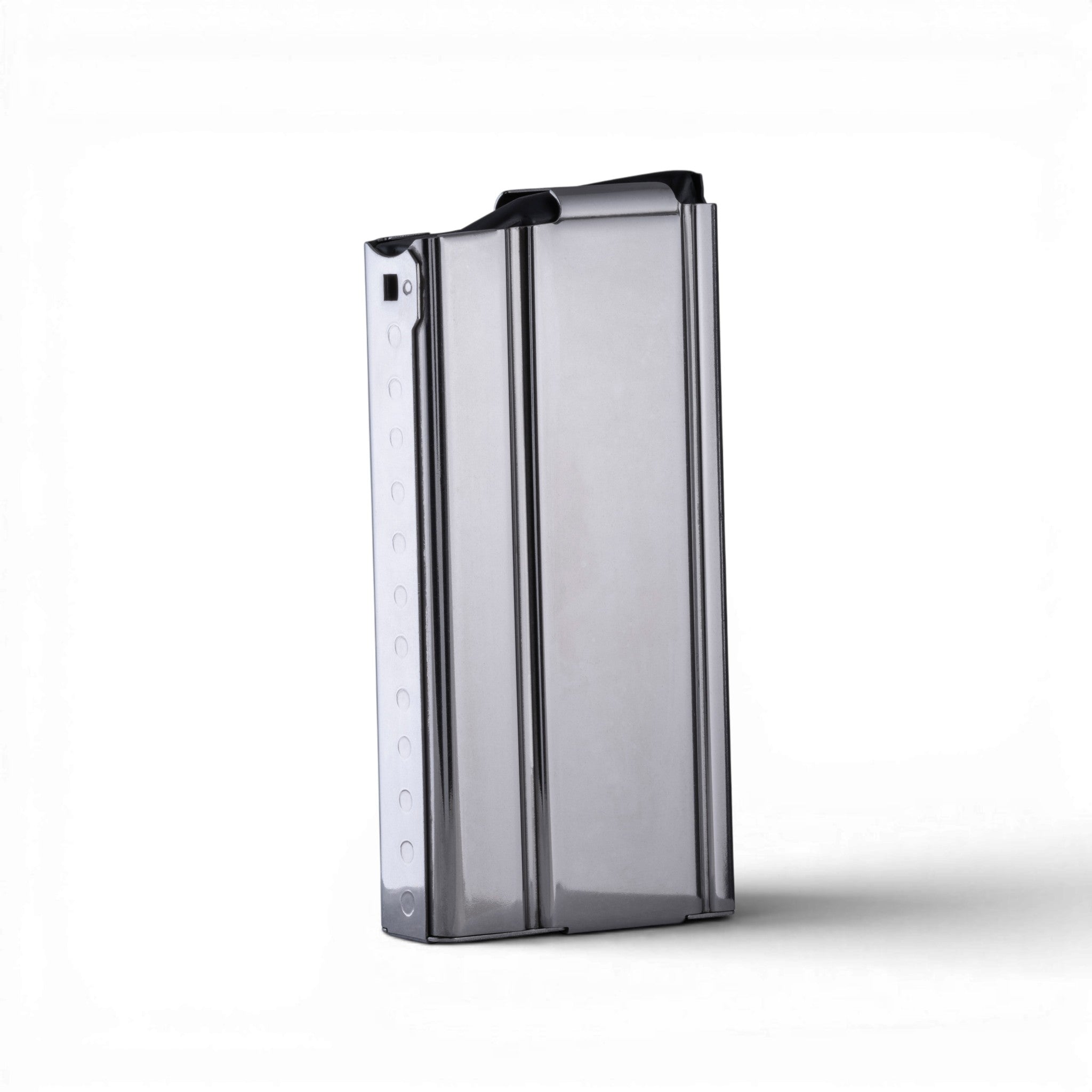Check-Mate M1A/M14 5-round parkerized magazine showing black metal finish and compact design for reliable firearm feeding.